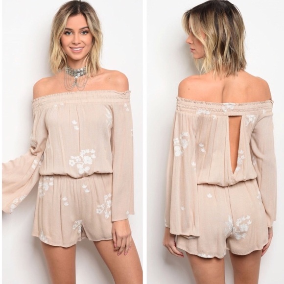 Dresses & Skirts - Off the Shoulder Taupe Embroidered Romper